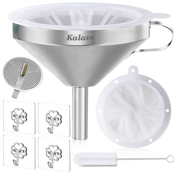 Kalave 5 Inch Stainless Steel Funnel, 13 cm Food Quality Kitchen Funnel and 200 Mesh Filter, Metal Funnel for Oils, Juice, Wine, Coffee, Tea, Milk