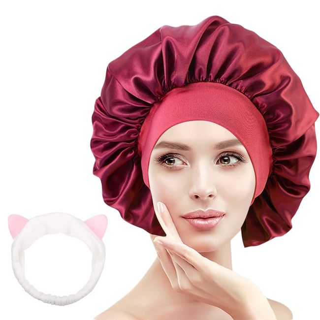 GHEART Schlafmütze Satin, Satin Bonnet Schlafhaube, Stirnband-Make-up für Frauen, Verstellbar Seide Haube Weiche Satin Kappe, für Damen und Mädchen lockiges Haar (Weinrot)