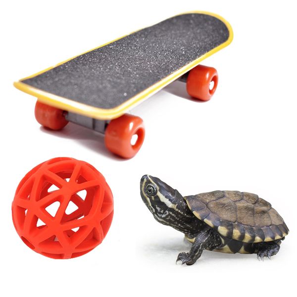 PurrrfectionPet Tortoise Treat Ball and Training Skateboard Toy Set, Turtle Feeder Ball and Funny Skateboard, Tortoise Toy Feeding Balls Vegetable Grass for Small Animals Pets Tortoises Turtles (red)