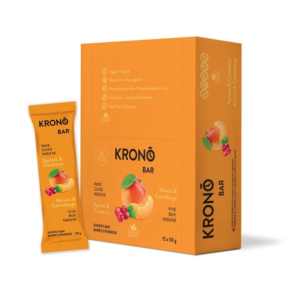 Krono Nutrition Energy Bar - Made with Natural Ingredients - Vegan - Gluten Free - Nuts Free - Soy Free - 50 gram per bars, 12 count (Apricot & Cranberry)