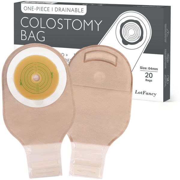 LotFancy Colostomy Bags, Pack of 20, Ostomy Supplies, One-Piece Drainable Pouches with Closure for Ileostomy Stoma Care, Cut-to-Fit, Max 64mm