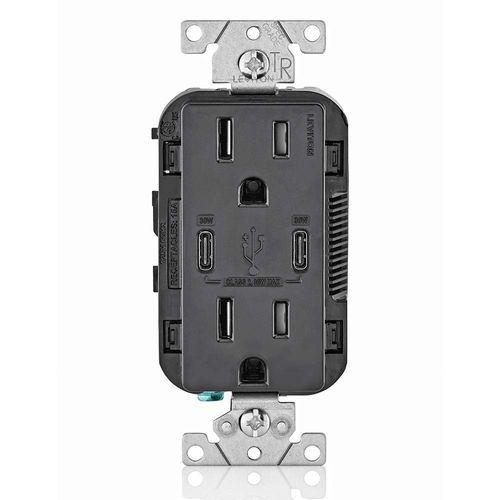 Leviton T5635-E 30W (6A) USB Dual Type-C/C Power Delivery In-Wall Charger with 15A Tamper-Resistant Outlet, USB Charger for Smartphones, Tablets, Laptops, Black