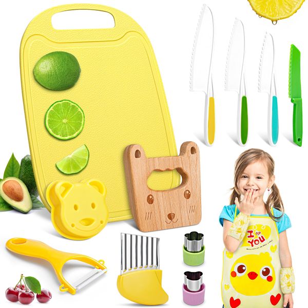 FANTICDE Knife Set for Toddlers Real Cooking,13 Piece Toddler Knives Sets Kitchen Tools Vegetable Cookie Cutters,Plastic Toddler Knife,Crinkle Cutter,Y Peeler,Chopping Board,Kids Aprons Set(Chick)