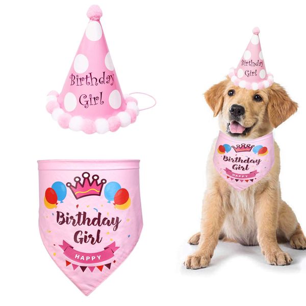 SUOXU Girl Dog Birthday Bandana,Cute Dog Birthday Party Hat Cotton Triangle Scarf,Great Puppy Dog Birthday Outfit,Pet Happy Birthday Bandana Gift and Party Supplies Decoration Set