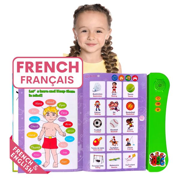 ZeenKind French English Talking Learning Book for Kids 2 3 4 5 6 Years Old, Learn French Interactive Audio Sound Books for Toddlers, Francais Educational Electronic Toys, Bilingual Musical Toy