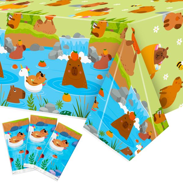 3Pcs Capybara Party Tablecloth Cute Capybara Birthday Table Cover Capybara Animals Party Decorations Plastic Disposable Rectangular Table Cloth Decor for Kids Birthday Baby Shower Animals Themed Party