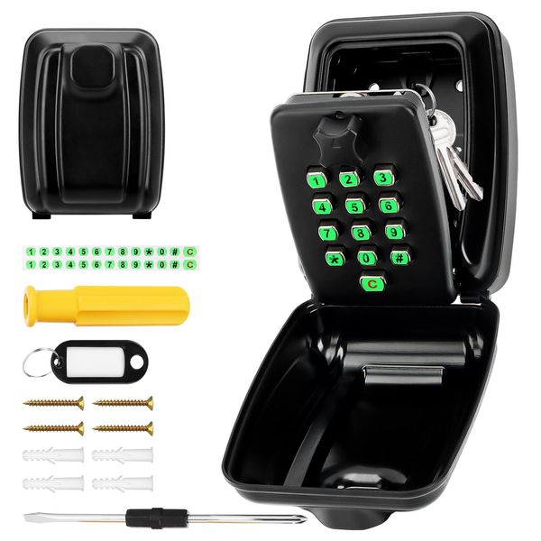AstraLoom Police Approved Waterproof Wall Mounted Outdoor Key Safe – 12-Digit Combination Lock Box with Luminous Buttons for Home, Garage, Office (Black)