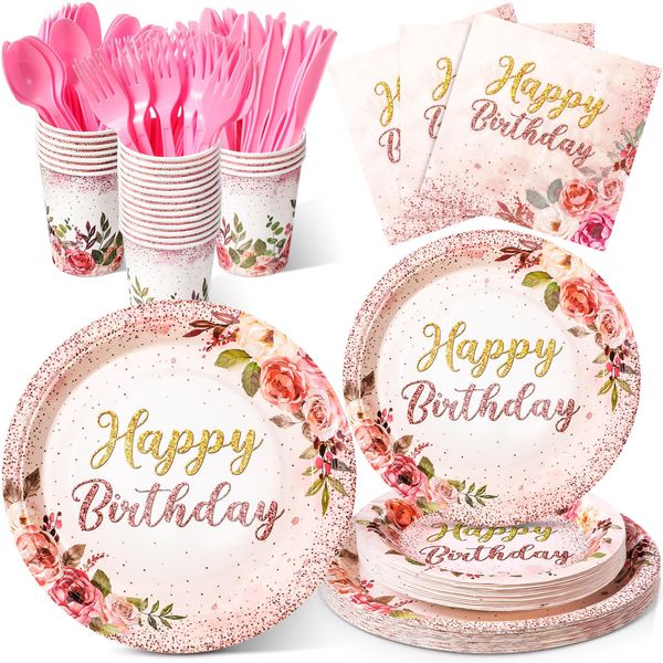 Roshtia 175 Pcs Floral Birthday Party Supplies Flower Paper Plates Napkins Tablewares Disposable Party Dinnerware Serve 25 Guests Flower Party Favors for Girls Women Tea Party Decorations(Elegant)