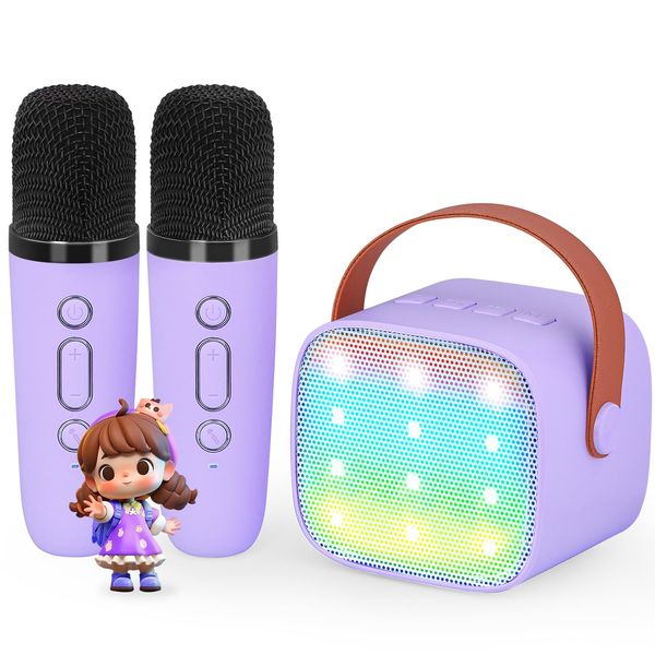 VERKB Mini Karaoke Machine with 2 Wireless Microphones for Kids, Kids Toys for Girls and Boys, Portable Bluetooth Speaker Gift for Girls 4, 5, 6, 7, 8+ Year Old Birthday Party (Purple)