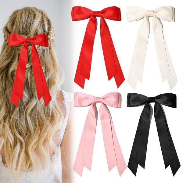 4 Pcs Hair Bows Tassel Ribbon Hair Bows Barrettes Clips For Girls Women Ribbon Bowknot Tassel Claw Hair Clip With Bow Accessories Dainty Hair Bows