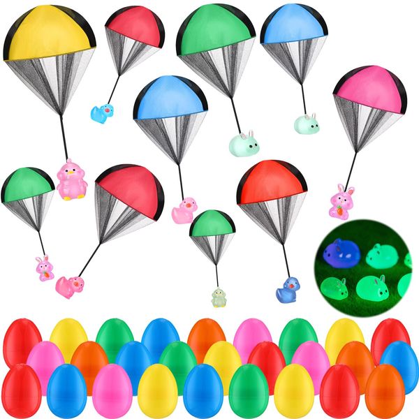 PullCrease 108 Pcs Easter Toys Easter Egg Parachute Toys Easter Basket Stuffers Fillers Egg with Parachute Toy Hand Throw Flying Toys for Kids Easter Party Favors Gifts Egg Hunt(Luminous)