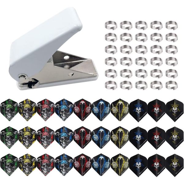 WLHGH Dart Locher, Dart Flights Flight Locher, Standard Dart Flights zubehör mit 30 Flights in 10 verschiedenen Skulls Designs und dreißig Metallringe