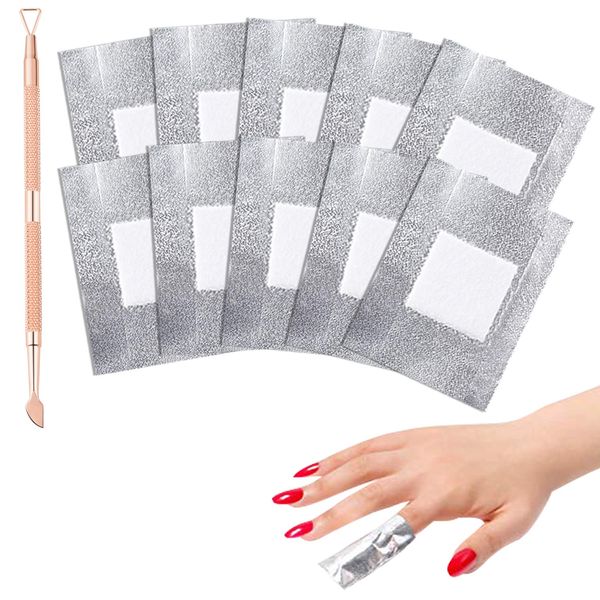 Gel Nail Polish Remover Set - Foil Nail Wraps/Wipes 300 Pcs Soak Off Gel Remover Foils Nail Wraps & 1 Pc Rose Gold Double Head Cuticle Pusher Peeler Scraper