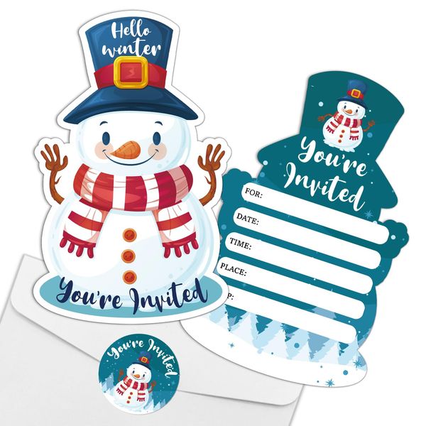 REWIDPARTY Winter Party Invitations with Envelopes & Stickers（Set of 15） Snowman Shaped Fill-in Invitations Hello Winter Party Invites Cards Christmas Birthday Party Supplies for Kids Adults Groups