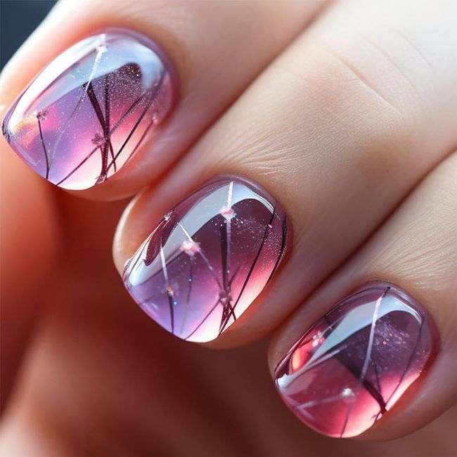 24 Pcs Square Fake Nails Purple Fake Nails Silver Line Design Fake Nails Short False Nails Glossy Fake Nails Full Cover Fake Nails for Women and Girls