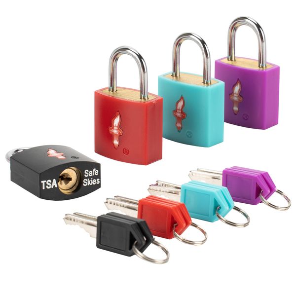 DUALCROWN 4 Pack Neon Square Suitcase Lock TSA Approved Lock+Key Padlock, Luggage Lock TSA Approved or TSA Approved Travel Lock for Luggage, Suitcase, Carry On, Backpack, Laptop Bag.