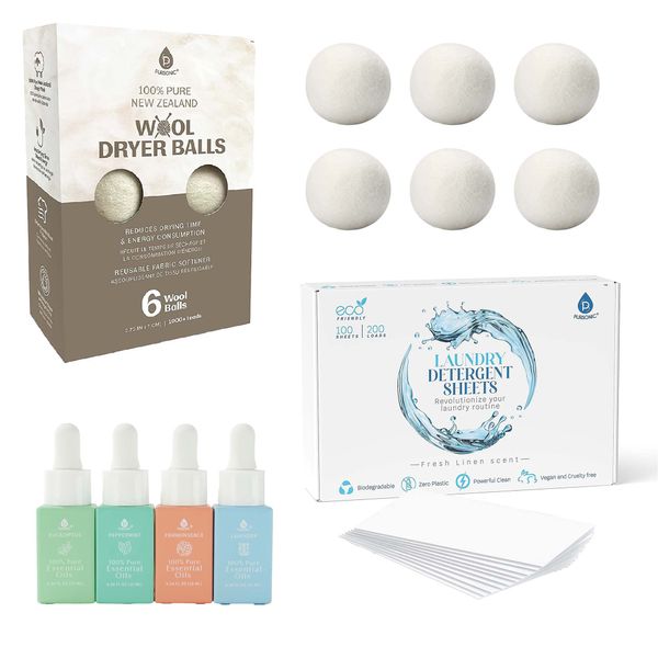 Eco-Friendly Laundry & Wellness Bundle – Detergent Sheets, Wool Dryer Balls, and Essential Oils