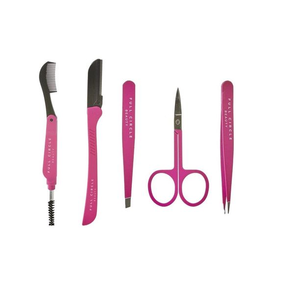 Full Circle Beauty Eyebrow Grooming Kit, Eyebrow Shaping Tool with Razors, Eyebrow Brush, Scissor, Pointed Tweezers, Slanted Tweezers, 5pcs Stainless Steel Eyebrow Shaping Tool Set