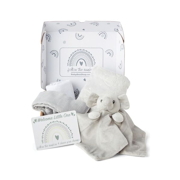 Baby Box Shop - 5 Newborn Essentials Ideal as Baby Shower Gifts and Christening Baby Gifts Unisex, Includes a Grey Elephant Baby Comforter, Fleece Blanket, 2X Muslin Cloths & Gift Message Card