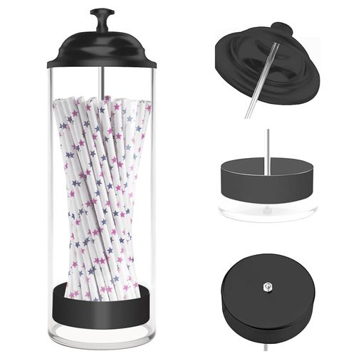 Straw Holder for Counter, Straw Dispenser Organizer for Standard Size Drinking Straws, Acrylic Plastic Straws Container Dispenser Storage for Counter with Lid Black