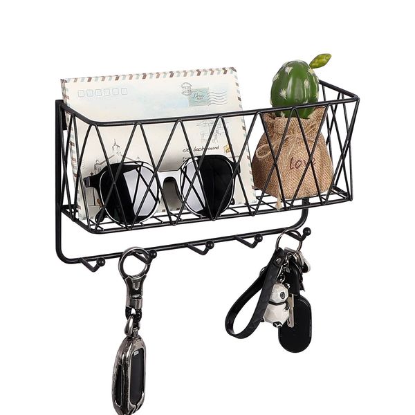 OROPY Entryway Mail Holder with Key Hooks, 11.0" L×2.6" W×5.1" H, Wall Mounted Matte Black Metal Wire Mesh Storage Basket with 5 Hooks, Easy to Organize Letters, Magazines, Keys, Leashes for Entryway