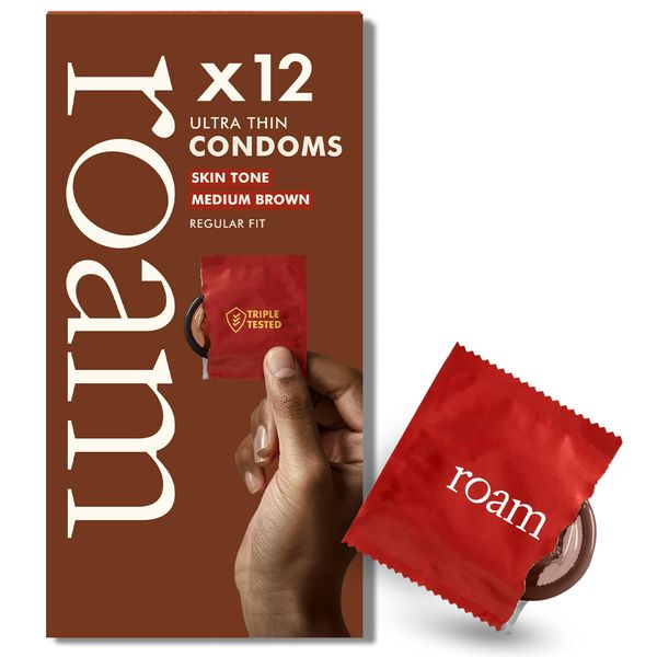 Roam Ultra Thin Condoms, 12 Pack Medium Brown Condoms Original Latex Regular Fit Condom for Safer Sex and Contraception, 100% Vegan and Generously Lubricated for Skin Feel Experience