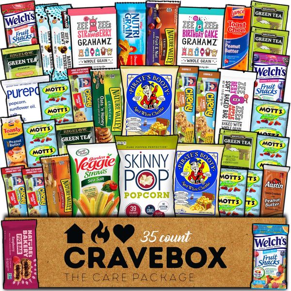 CRAVEBOX Healthy Snack Box Variety Pack Care Package (35 Count) Gift Basket Kids Teens Men Women Adults Health Food Nuts Fruit Nutrition Assortment Mix Sample College Students Office Back to School