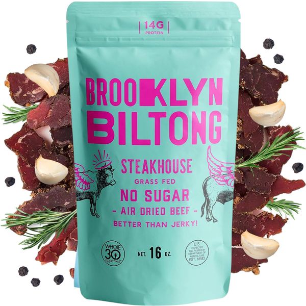 Brooklyn Biltong - Air Dried Grass Fed Beef Snack, South African Beef Jerky - Whole30 Approved, Paleo, Keto, Gluten Free, Sugar Free, Made in USA - 16 oz. Bag (Steakhouse) - Packaging May Vary