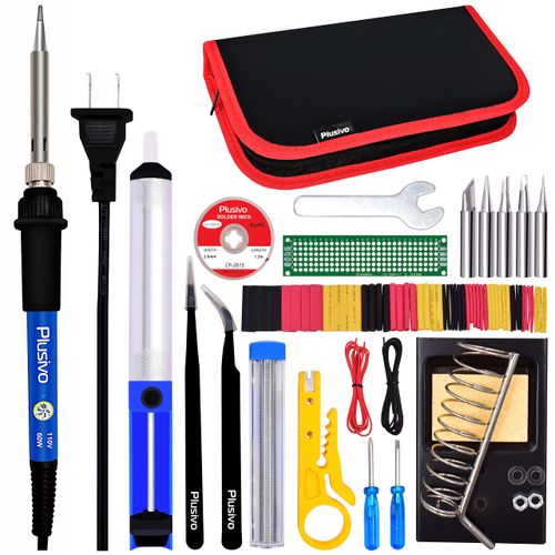 Soldering Iron Kit - 60W Soldering Iron Adjustable Temperature, Solder Wire, Tweezers, Soldering Iron Stand, 5 pcs Solder Tips, Desoldering Pump, Solder Wick, Heatshrink Tubes [110 V, US Plug]