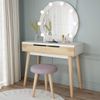 Vanity Set with Round Lighted Mirror Wood Makeup Table Dressing Dresser Desk 2 Drawers Cushioned Stool for Bedroom Free Shipping