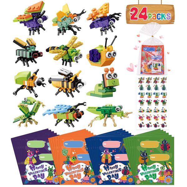 Colplay 24 Packs Valentines Day Gifts for Kids, Insect Building Blocks with Valentines Cards for Kids Classroom School & Stickers, Class Gifts Exchange, Party Favors for Kids Boys Girls