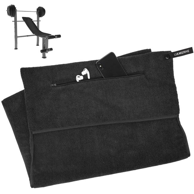 LIAMERHE Mikrofaser Handtücher Fitness Handtuch mit Reißverschluss Fach Sporthandtuch für Fitnessstudio Leicht Gym Handtuch 120x50cm mit Antirutsch Fixierung für Damen Herren (Schwarz)