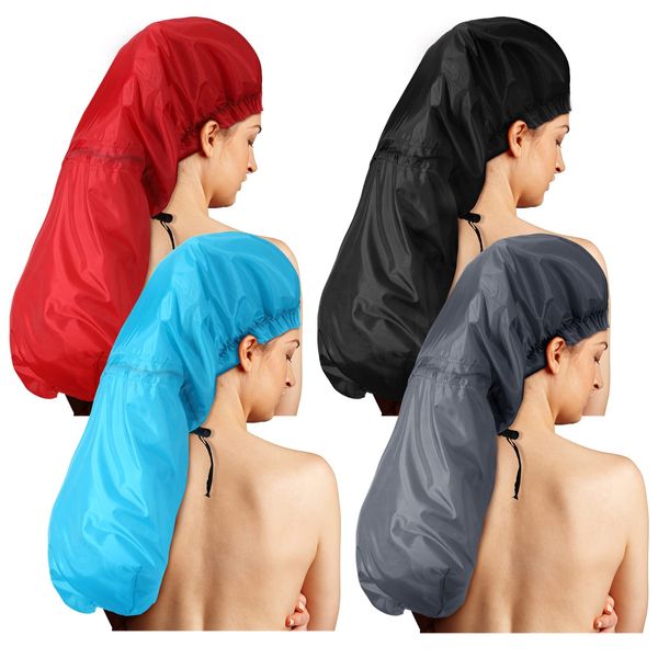 4 Pcs Jumbo Braids Shower Caps for Women Long Hair Extra Large Shower Caps for Dreadlocks Foldable Waterproof Hair Bonnets Plastic Big Bath Hats Oversize Bath Caps(Red, Blue, Black, Gray)