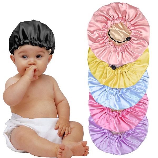 6 Pieces Kids Satin Bonnet Night Sleep Caps, Adjustable Sleeping Hat Soft Silk Flower Night Hats for Natural Hair Teens Toddler Child Baby Reversible Double (Pink,Black,Purple,Rose Red,Blue,Yellow)