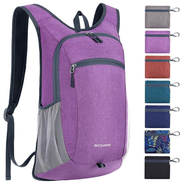 BECOJADDE 15L Foldable Backpack Small Hiking Backpack Lightweight Daypack Women Men Daypack Waterproof Travel Backpack for Outdoor Hiking Travel City Trips, purple, Rucksack Backpacks