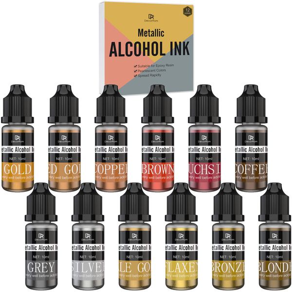 Metallic Alcohol Ink Set - 12 Metal Colour Alcohol-Based Inks for Epoxy Resin Art, Painting - Concentrated Shimmer Alcohol Paint Colour Dye for Resin Petri Dish Making,Yupo,Tumbler Making - 10ml Each