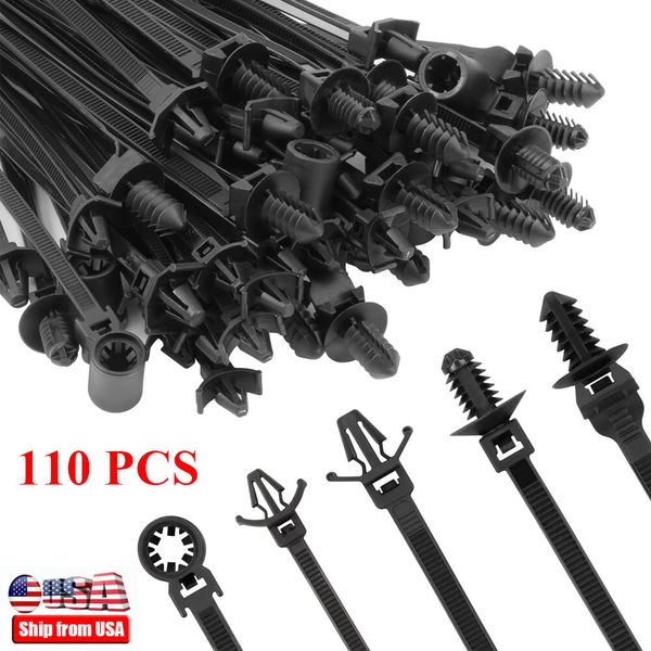 110X Automotive Push Mount Cable Zip Ties Assorted Sizes Self-Locking Wire Cable