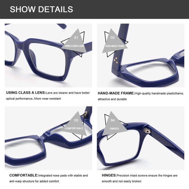 ZUVGEES Retro Style Blue Light Blocking Reading Glasses Big Eyeglass Frames  Large lens Computer Readers