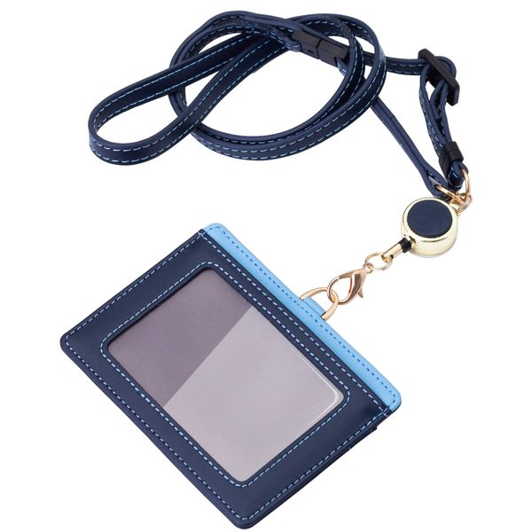 JONGJONG Badge Holder, ID Card Holder, Retractable Reel, Detachable Lanyard, Horizontal, 2-Sided, 2 Slots, Business Card Size, For Commuter Pass, Employee ID, Work/School Commutes, Gift Wrap, Unisex (Pale Blue, Dark Blue)