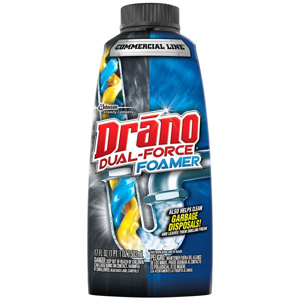 Drano Dual-Force Foamer Clog Remover, Clog Remover and Cleaner for Shower or Sink Drains, Unclogs and Removes Sources of Odor, Commercial Line, 17 oz