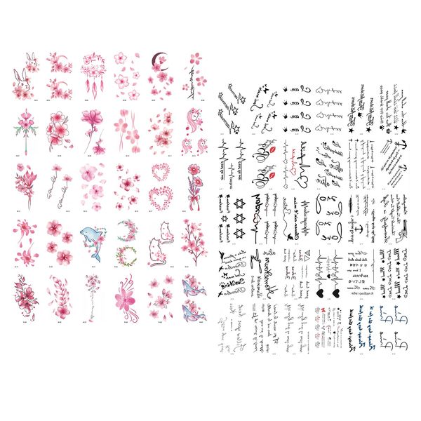 Wisebom Small Realistic Temporary Tattoos 60 Sheets Tiny Waterproof Fake Tattoos Stickers 30 Pcs Inspirational Quotes Words Tattoos 30 Pcs Beautiful Flower Body Tattoos for Kids Adults Men and Women