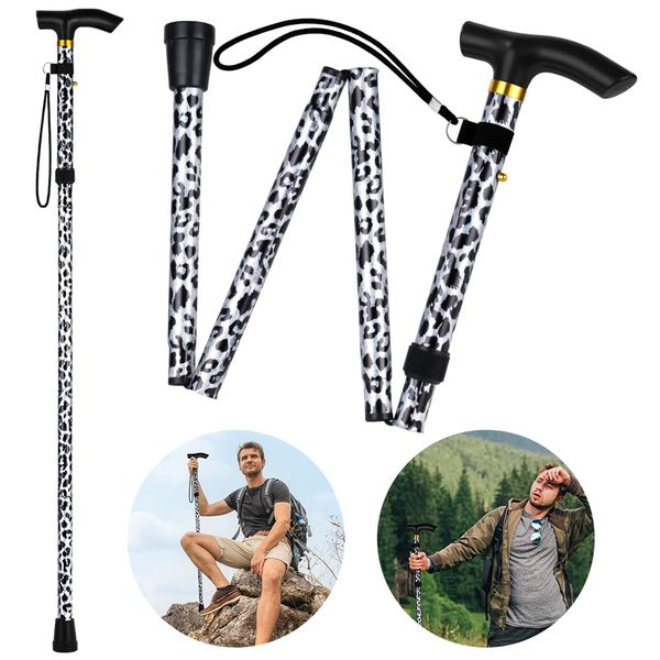 Flintronic Walking Stick, Folding Walking Stick, Adjustable Folding Walking Sticks, Collapsible Lightweight Flexible Stick, Comfortable Grip Durable Mobility Aid for Men Women, Leopard Print