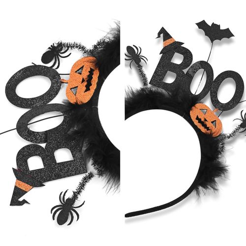 JoviaFesta Halloween Headband BOO Pumpkin Halloween Costume Party Accessories for Girls Pumpkin Spider Web Ghost Bat Witch Hat Natural Feather Hair Hoop Head Bopper (Pumpkin)