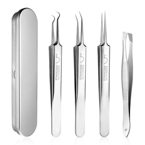 Dimeho 4Pcs Blackhead Remover Tweezers Stainless Steel Ingrown Hair Tweezers Precision Blackhead Pimple Extractor with Metal Case Professional Pimple Tool Kit Curved Black Head Tweezer for Women