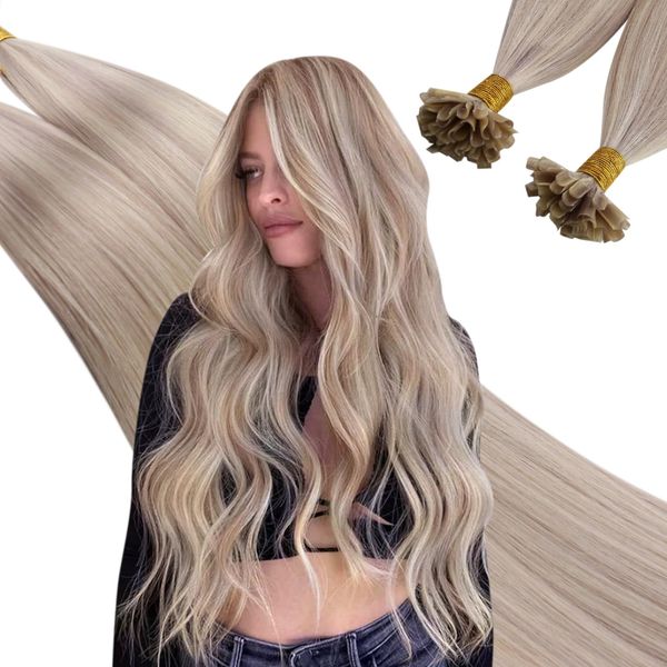 Ugeat Blonde Highlights Hair Extensions Pre Bonded Hair Extensions Human Hair U Tip Hair Extensions Ash Blonde With Bleach Blonde #P18/613 14Inch 50Pcs