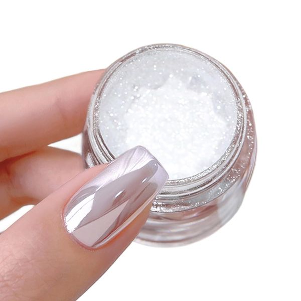 White Pearl Chrome Nail Powder Magic Metallic Silver Mirror Effect Ice Pearlescent Nail Art Glitter Aurora Shimmer Powder for Nails High Gloss Glazed Donut Manicure Pigment Dust Decorations