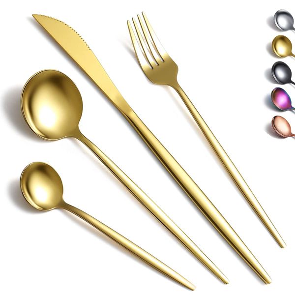 Kyraton Gold Cutlery Set 16 Pieces, Stainless Steel Flatware Set, Titanium Plating Gold Silverware Set Strong Anti Rust, Dishwasher Safe, Tableware Set Serving 4 People.