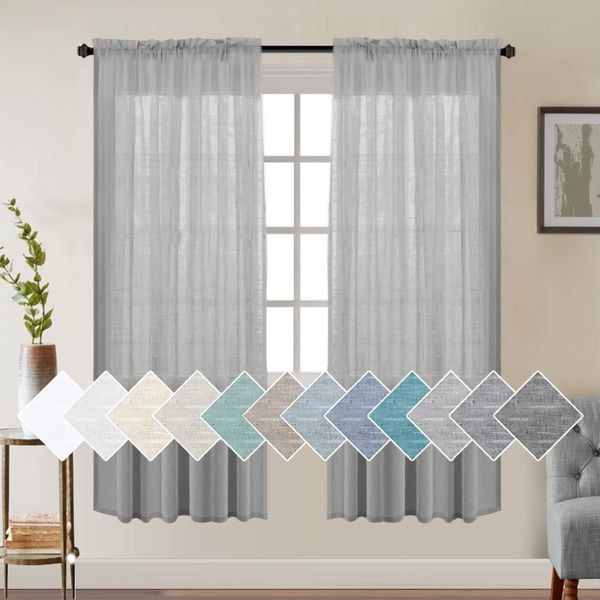 Turquoize Linen Sheer Curtains for Kitchen Room Natural Linen Sheer Curtains Dove Light Filtering Semi Sheers Curtains Panels/Drapes for Bedroom,W52 X L72, Set of 2, Dove Gray