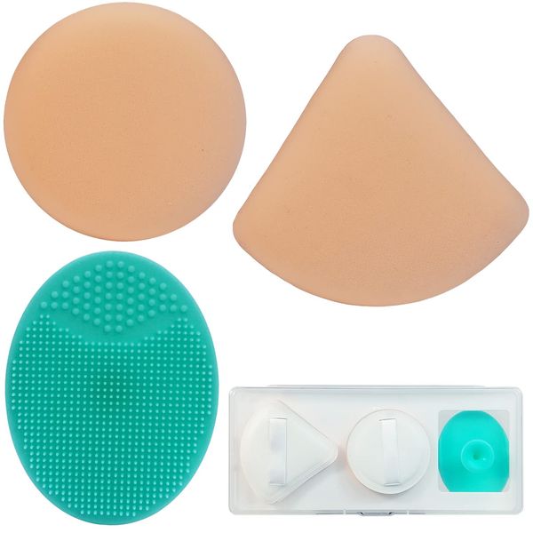 Sponge Powder Puff makeup&Silicone Face Scrubbers Exfoliator Brush Set,Powder Puff Triangle/Round And Facial Cleansing Brush,Suitable for adult facial cleansing And Wet Dry Makeup (Puff & Brush)