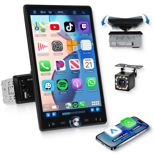 Single Din Car Stereo with Wireless Carplay/Android Auto,10.4" Adjustable Touch Screen Radio with Bluetooth 5.2, Mirror Link, FM Radio, SWC, Backup Camera